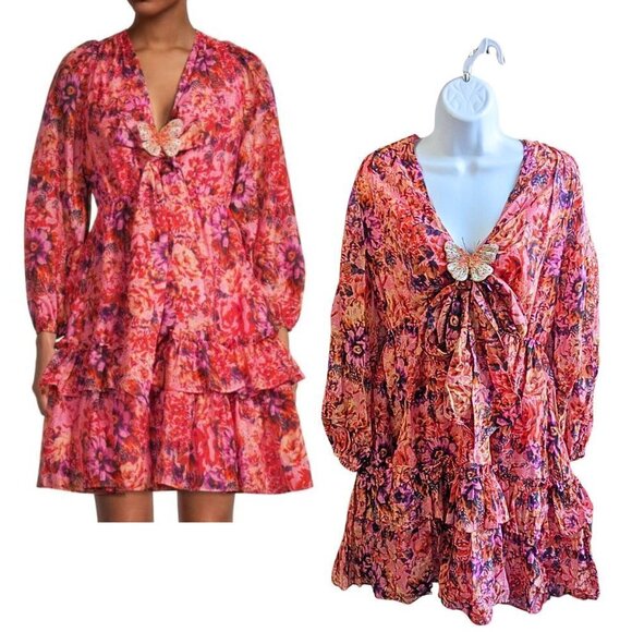 Ungaro Dresses & Skirts - UNGARO Tara Floral Silk Blend Mini Dress PinkPunch Multi w/Beaded Butterfly Sz L